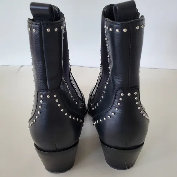 PAIGE Sz 8.5 Silver Studs WILLA in Black Leather Boots Pointy Western 2.5&quot; Heel