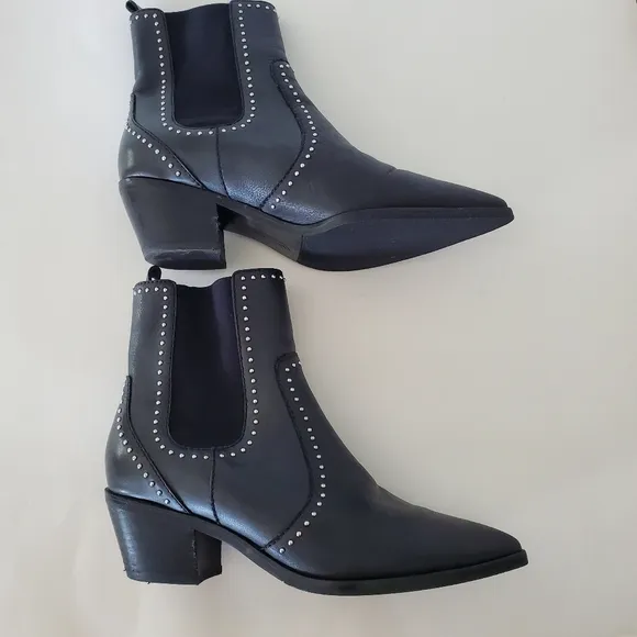 PAIGE Sz 8.5 Silver Studs WILLA in Black Leather Boots Pointy Western 2.5&quot; Heel