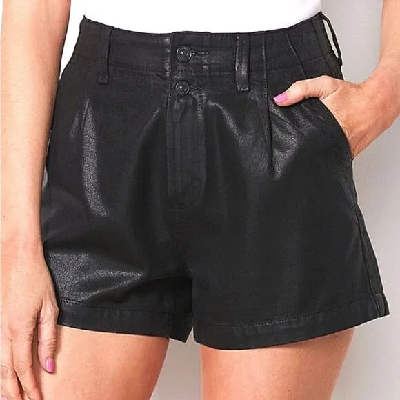 PAIGE Mayslie Pleated Shorts High Rise Black Midnight Oil Coating 32 NWT