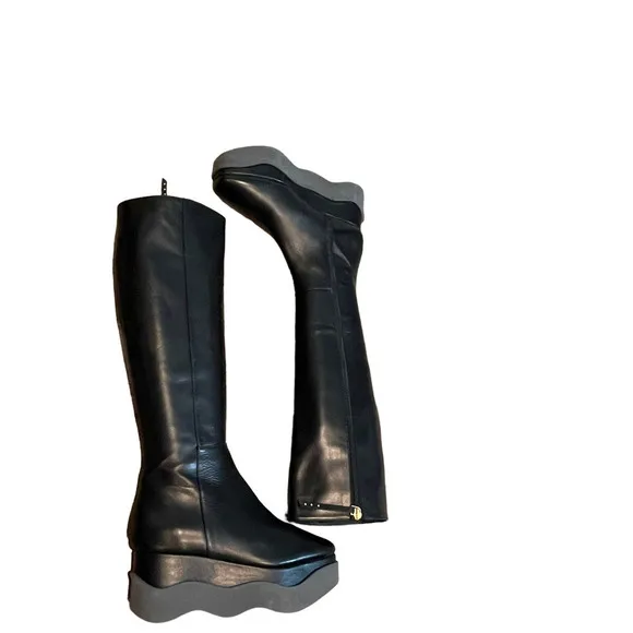 Paloma Barcelo Black Tall Leather Platfrom Boots Women's Size 35 NWOB