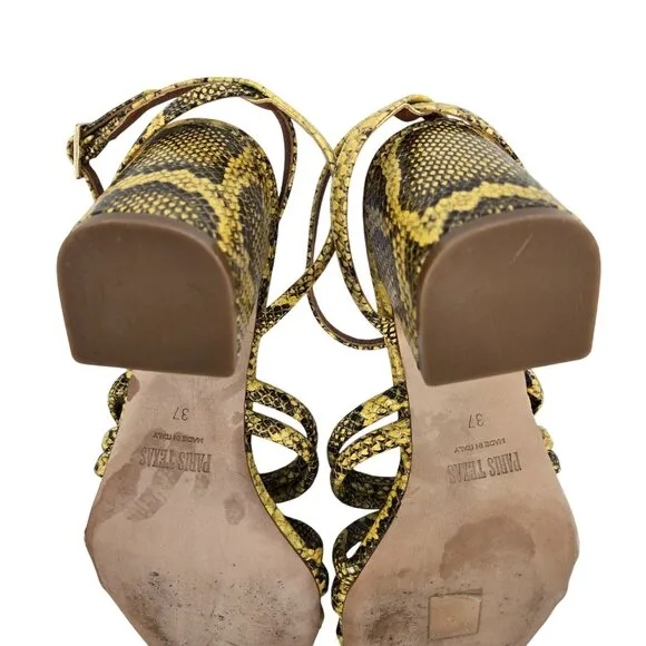 Paris Texas Carla Printed Python Leather Sandals in Limone Size 37/US 7