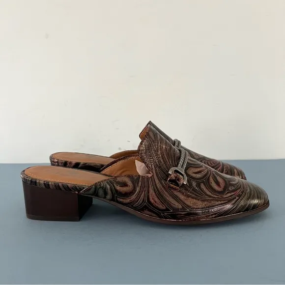 Patricia Nash Tilly Tobacco Fields Tooled Leather Floral Slip On Mule Loafers