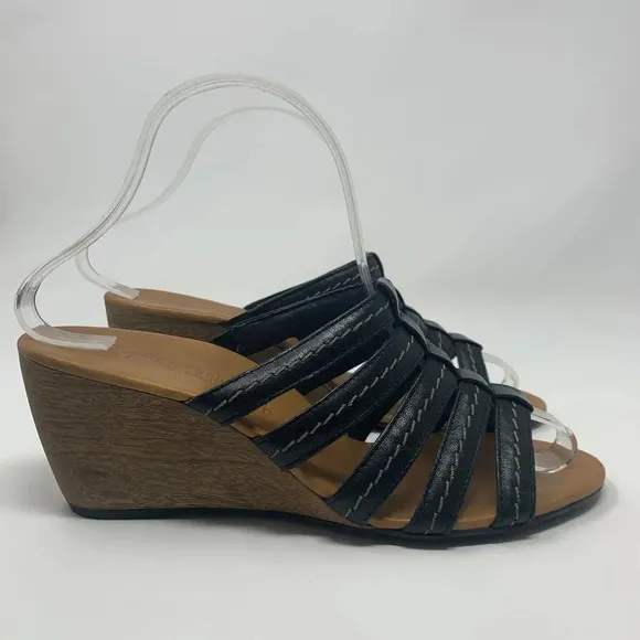 Paul Green Black Leather Strappy Wedge Sandals