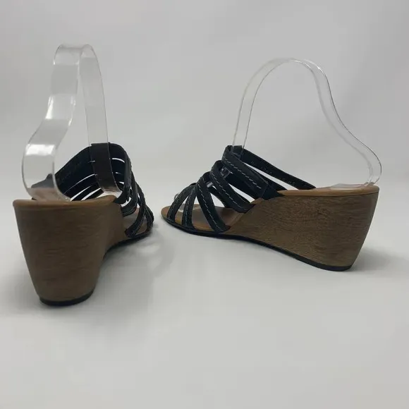 Paul Green Black Leather Strappy Wedge Sandals