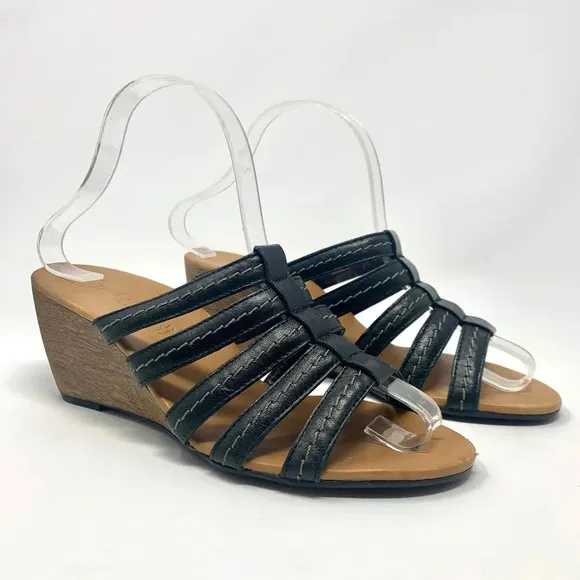 Paul Green Black Leather Strappy Wedge Sandals