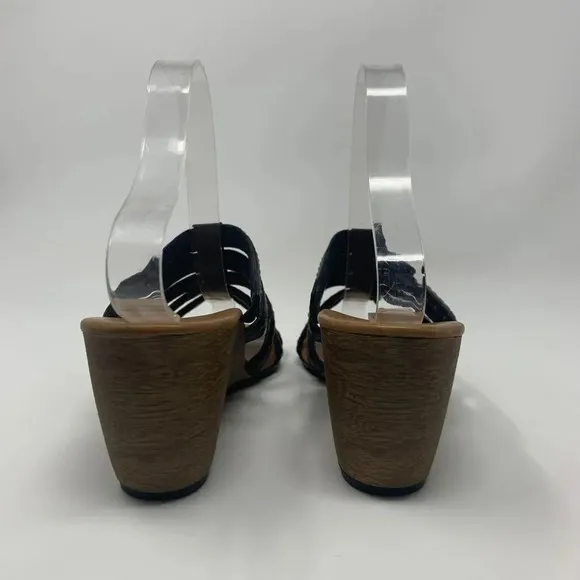 Paul Green Black Leather Strappy Wedge Sandals