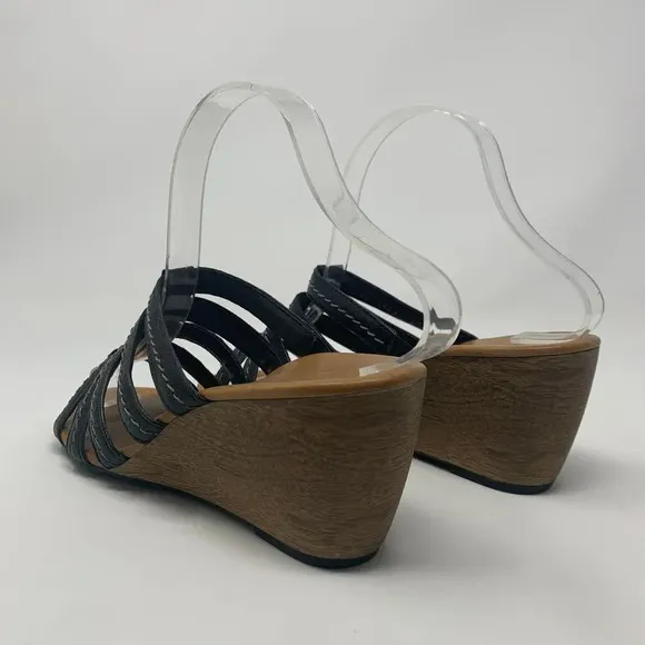 Paul Green Black Leather Strappy Wedge Sandals