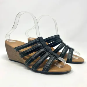 Paul Green Black Leather Strappy Wedge Sandals