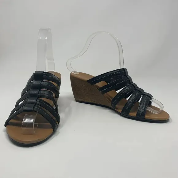 Paul Green Black Leather Strappy Wedge Sandals