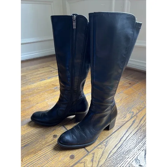 Paul Green Tall Riding Boots Womens Size 6 Black Leather Block Heel Inner Zip