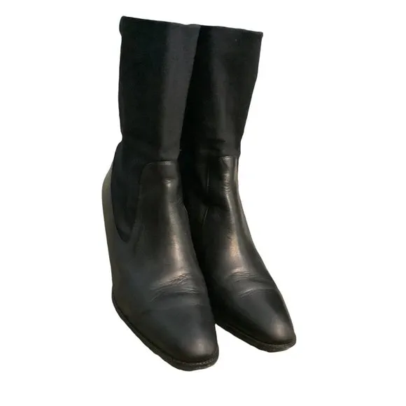 PAUL GREEN Women's Black Leather Almond Toe Block Heel Boots-Size 6