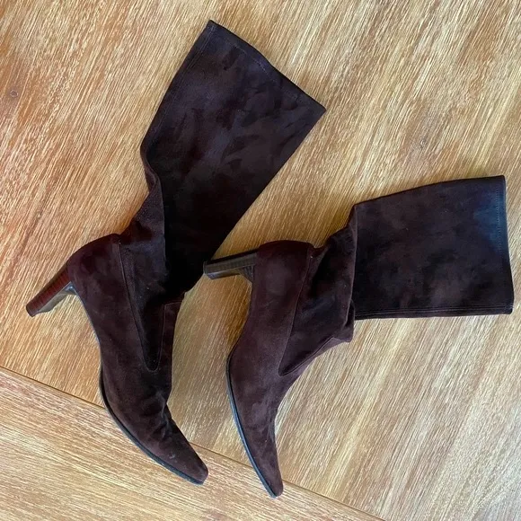 Peter Kaiser Dark Brown Suede Pull-On Heeled Boots Size 7.5