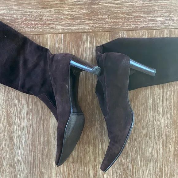 Peter Kaiser Dark Brown Suede Pull-On Heeled Boots Size 7.5