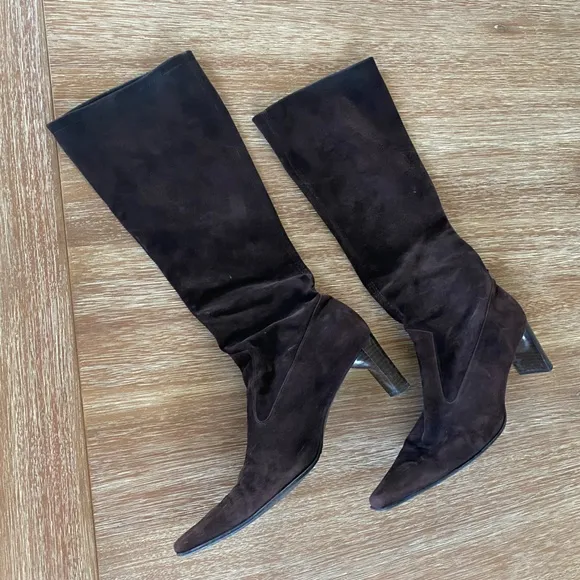 Peter Kaiser Dark Brown Suede Pull-On Heeled Boots Size 7.5