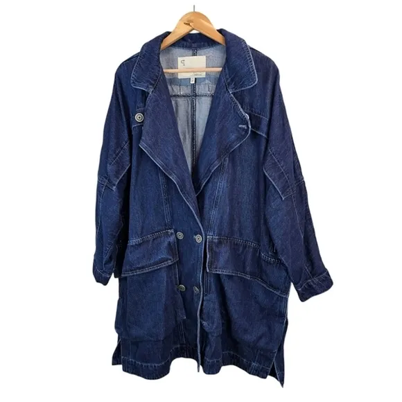 Pilcro Womens Oversized Casual Denim Dolman Sleeve Trench Coat Sz 1X Lyocell