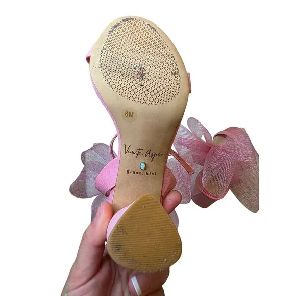 Pink Heeled Sandals With Large Tulle Bow Accent &amp; Adjustable Ankle Strap