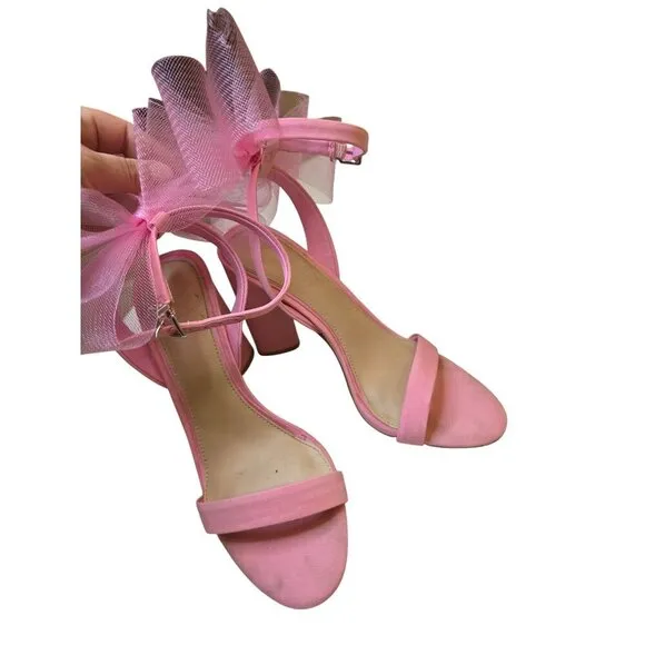 Pink Heeled Sandals With Large Tulle Bow Accent &amp; Adjustable Ankle Strap