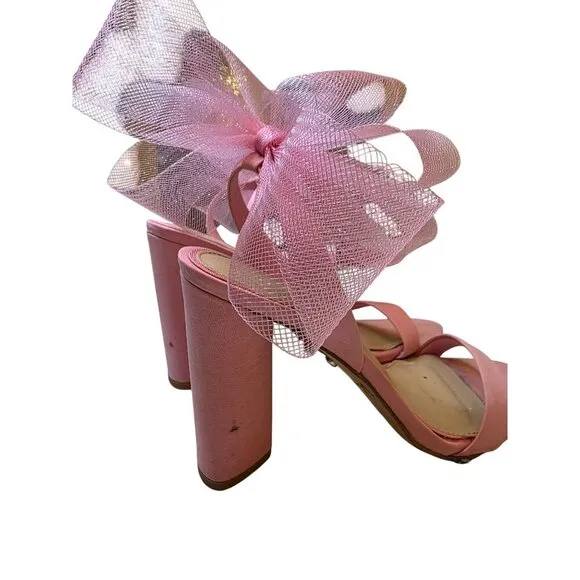 Pink Heeled Sandals With Large Tulle Bow Accent &amp; Adjustable Ankle Strap