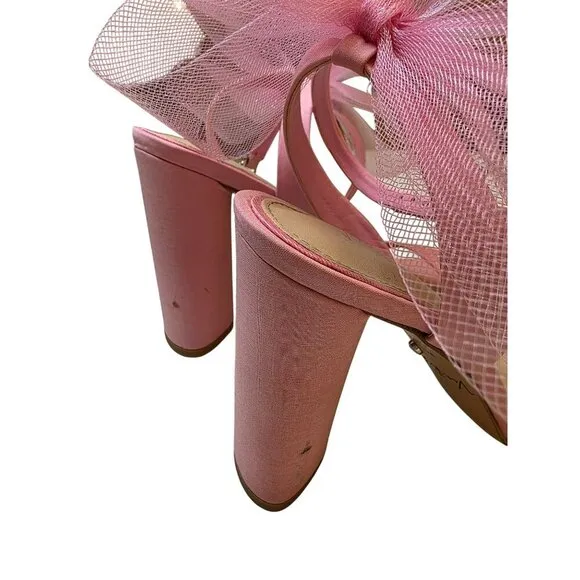 Pink Heeled Sandals With Large Tulle Bow Accent &amp; Adjustable Ankle Strap
