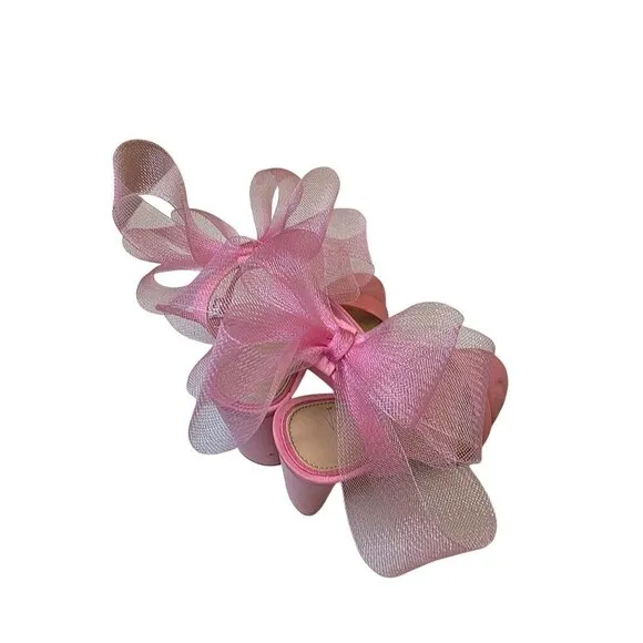Pink Heeled Sandals With Large Tulle Bow Accent &amp; Adjustable Ankle Strap