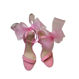 Pink Heeled Sandals With Large Tulle Bow Accent &amp; Adjustable Ankle Strap