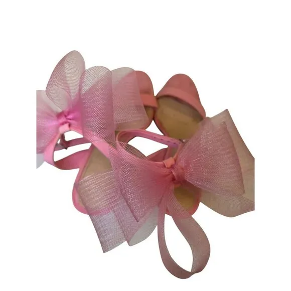Pink Heeled Sandals With Large Tulle Bow Accent &amp; Adjustable Ankle Strap