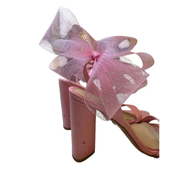 Pink Heeled Sandals With Large Tulle Bow Accent &amp; Adjustable Ankle Strap