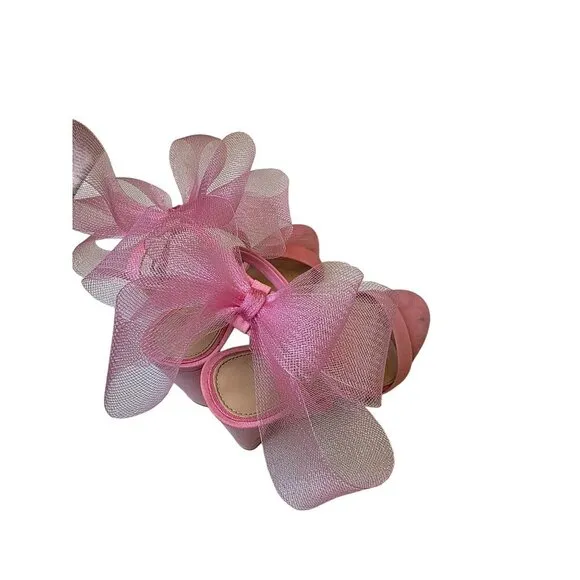 Pink Heeled Sandals With Large Tulle Bow Accent &amp; Adjustable Ankle Strap