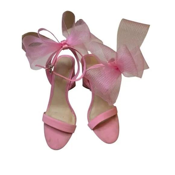 Pink Heeled Sandals With Large Tulle Bow Accent &amp; Adjustable Ankle Strap