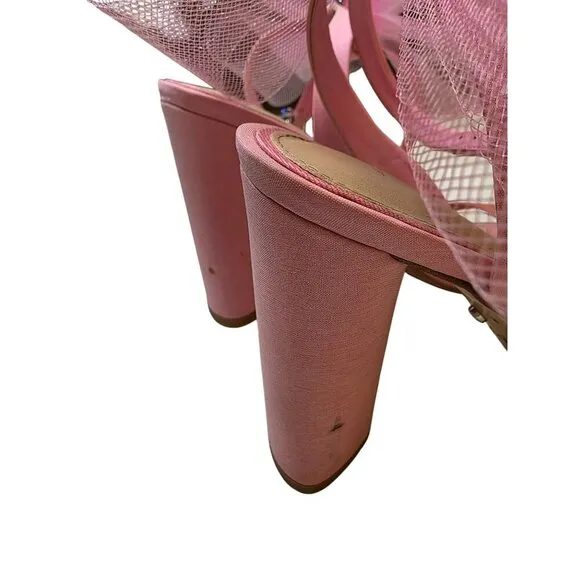 Pink Heeled Sandals With Large Tulle Bow Accent &amp; Adjustable Ankle Strap