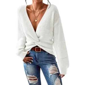 Pink Queen Women's White Casual Pullover Sweaters Sexy V Neck Sweater Top
