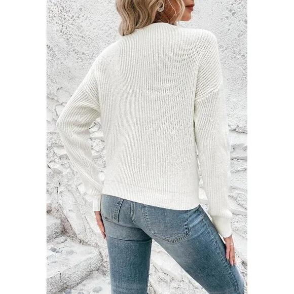 Pink Queen Women's White Casual Pullover Sweaters Sexy V Neck Sweater Top