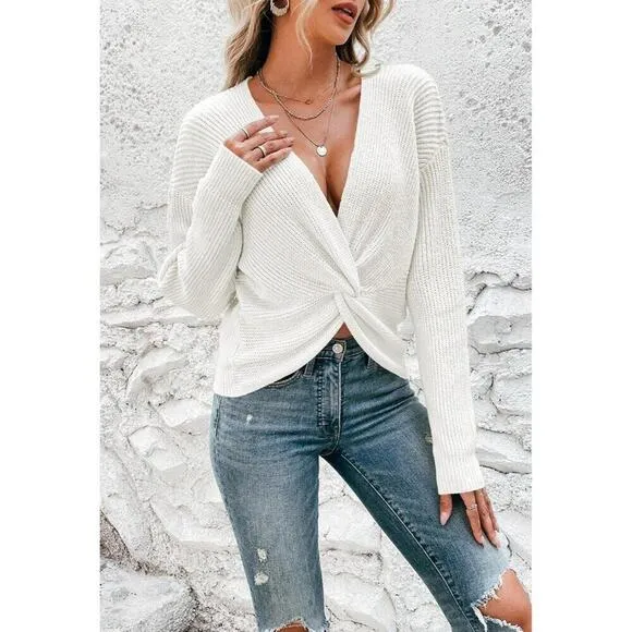 Pink Queen Women's White Casual Pullover Sweaters Sexy V Neck Sweater Top
