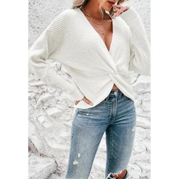 Pink Queen Women's White Casual Pullover Sweaters Sexy V Neck Sweater Top
