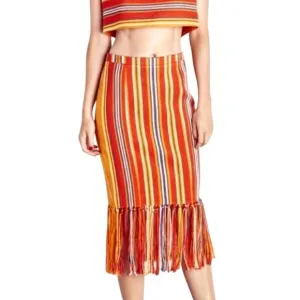 Pink Tartan Orange Yellow Blue and White Vertical Stripe Fringe Midi Back Zip 6