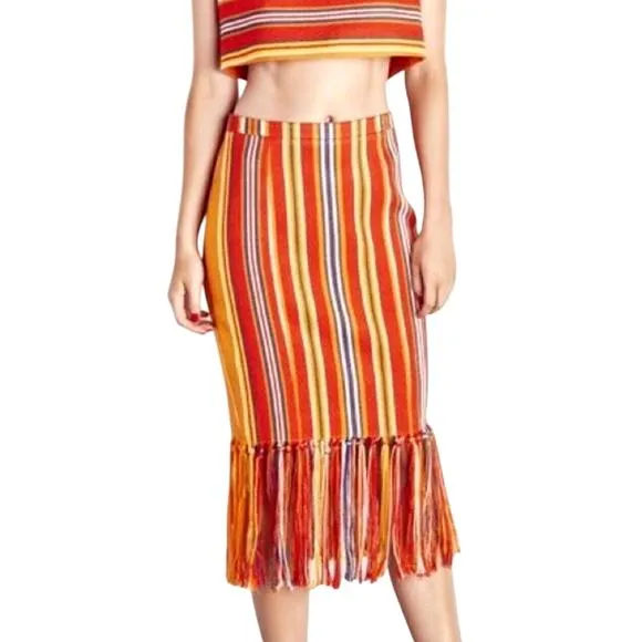 Pink Tartan Orange Yellow Blue and White Vertical Stripe Fringe Midi Back Zip 6