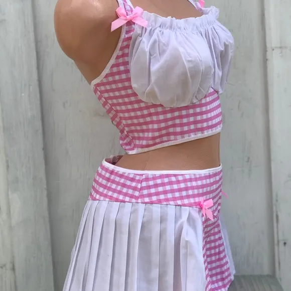 Pink white Barbie bar maiden beer costume Plaid gingham German Oktoberfest NOS