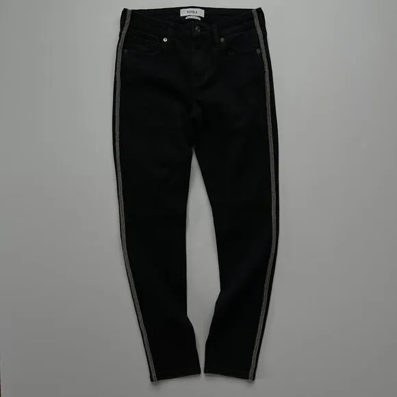 Pistola Mid Rise Skinny Jean Jet Black Metal Detailing Tuxedo Stripe Size 27