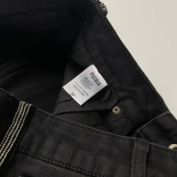 Pistola Mid Rise Skinny Jean Jet Black Metal Detailing Tuxedo Stripe Size 27