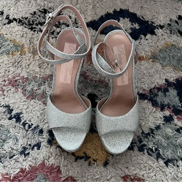 Pnina Tornai for Naturalizer Ai Silver Glitter Wedding Peep Toe Strappy  Heels 6