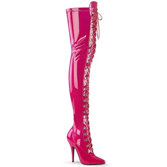 Pointed Toe Lace Up Thigh High Heel Boots