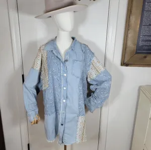 POL Oversized Patchwork Distressed Light Denim Shacket Size Large