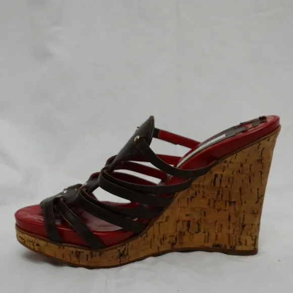POLLINI Red &amp; Brown Strappy Cork Platform Wedge Sandals, size 37
