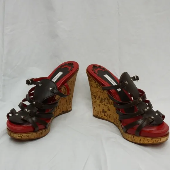 POLLINI Red &amp; Brown Strappy Cork Platform Wedge Sandals, size 37