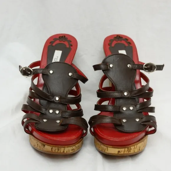 POLLINI Red &amp; Brown Strappy Cork Platform Wedge Sandals, size 37