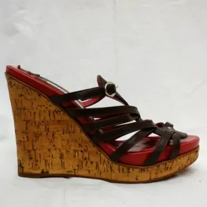 POLLINI Red &amp; Brown Strappy Cork Platform Wedge Sandals, size 37