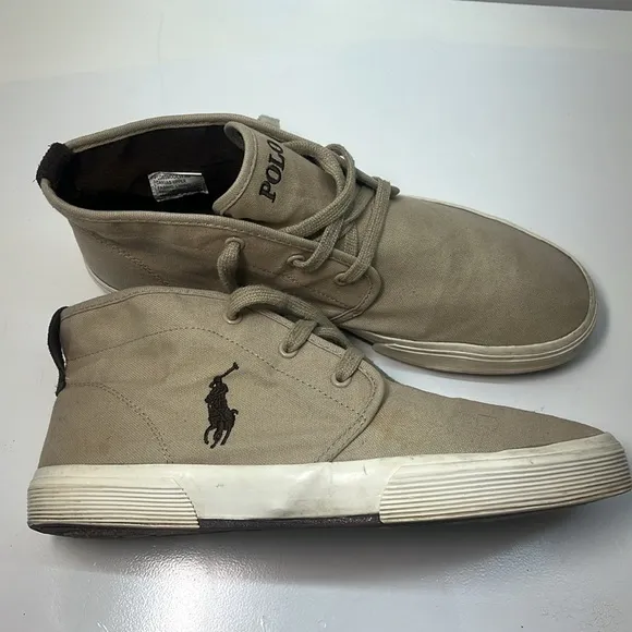Polo by Ralph Lauren Tan Canvas High Top Sneakers with Brown Pony Size 11.5