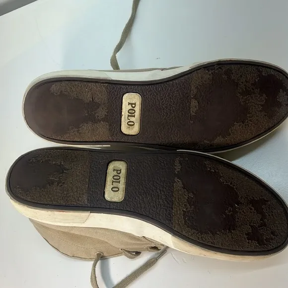 Polo by Ralph Lauren Tan Canvas High Top Sneakers with Brown Pony Size 11.5