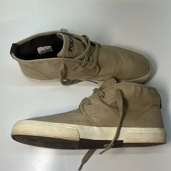 Polo by Ralph Lauren Tan Canvas High Top Sneakers with Brown Pony Size 11.5
