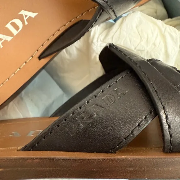 Prada Leather Sandals with Crisscross Straps - Size 36